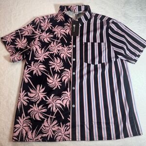 ChArmkpR Men's Tropical Black and Pink Button up short sleeve silky Polo